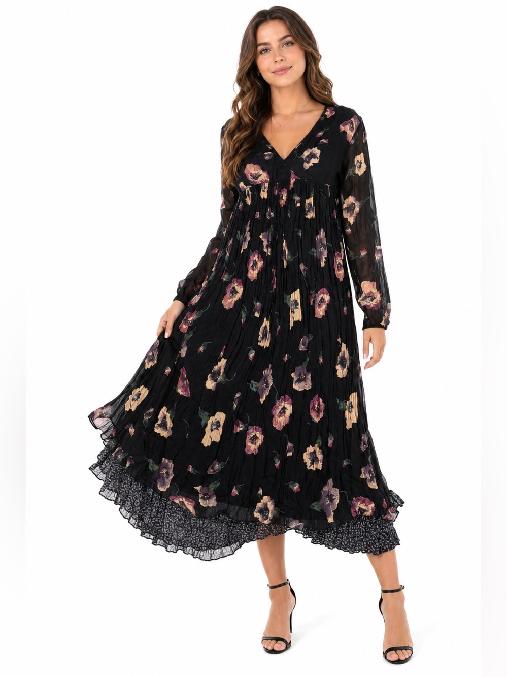 Vintage 70s Olivia Floral Empire Waist Layered Maxi Dress Rayon (Black/Multi) M